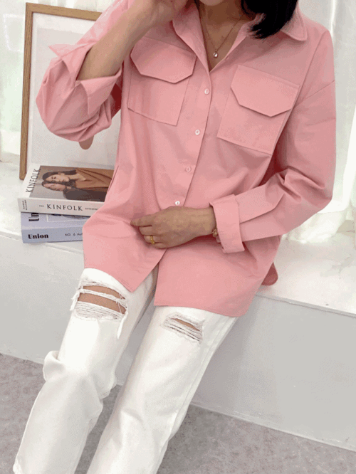 뒷트임 오버핏 핑크셔츠 여성롱남방 봄셔츠